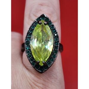 Peridot And Emerald  Glass Stones Marquise Cut Black Rhodium Plated Ring Vintage